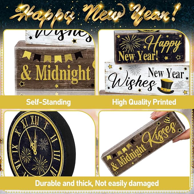 4 Pcs Wooden New Year Tabletop Decor Winter Tiered Tray Decor New Year Centerpiece Rustic Decorative Block Signs Gift Farmhouse Winter Table Decoration for Home Kitchen