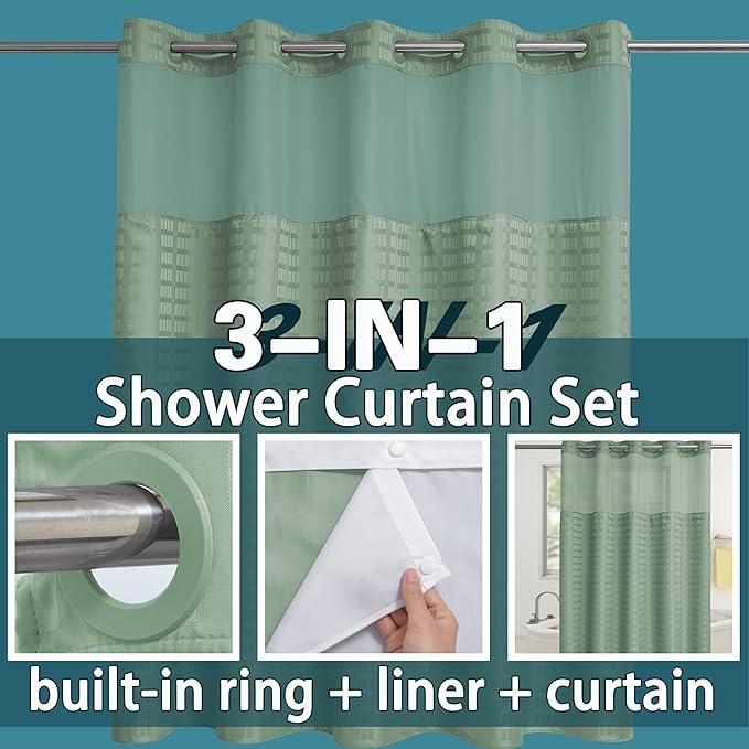 Extra Long No Hook Sage Green Shower Curtain with Snap in Liner Set, Hotel Luxury Shower Curtains for Bathroom with See Through Top Window, Waterproof, Washable 71W x 84H