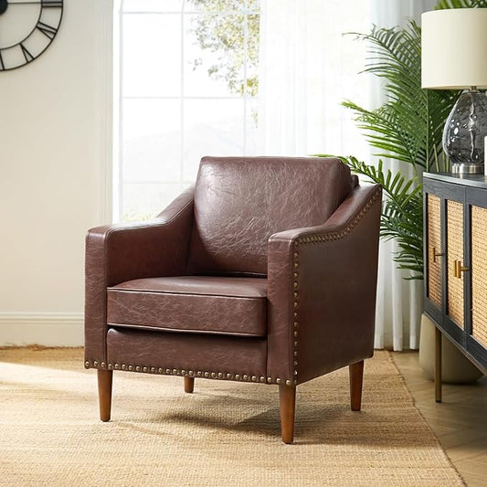 HULALA HOME Faux Leather Accent Armchair with Back & Seat Cushions, Traditional Club Chair with Nailhead Trim, Comfy Upholstered Sofa Chair for Living Room Bedroom, Brown