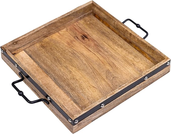 16"x16" Large Square Ottoman Tray, Heavy Duty Mango Wood, for Serving Tea, Breakfast in Bed, Living Room Large Coffee Table Tray Rustic with Farmhouse Style, Decorative Handles and Accent Strap