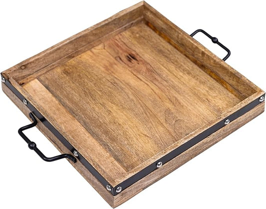 16"x16" Large Square Ottoman Tray, Heavy Duty Mango Wood, for Serving Tea, Breakfast in Bed, Living Room Large Coffee Table Tray Rustic with Farmhouse Style, Decorative Handles and Accent Strap
