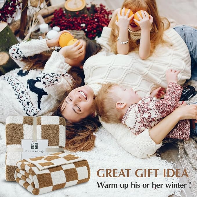 WRENSONGE Checkered Throw Blanket, Burnt Orange Soft Cozy Fluffy Warm Hand Made Throw Blankets for Couch, Sofa, Chair, Bed, Camping, Picnic, Travel Lightweight Bed Blanket - 60"*80"