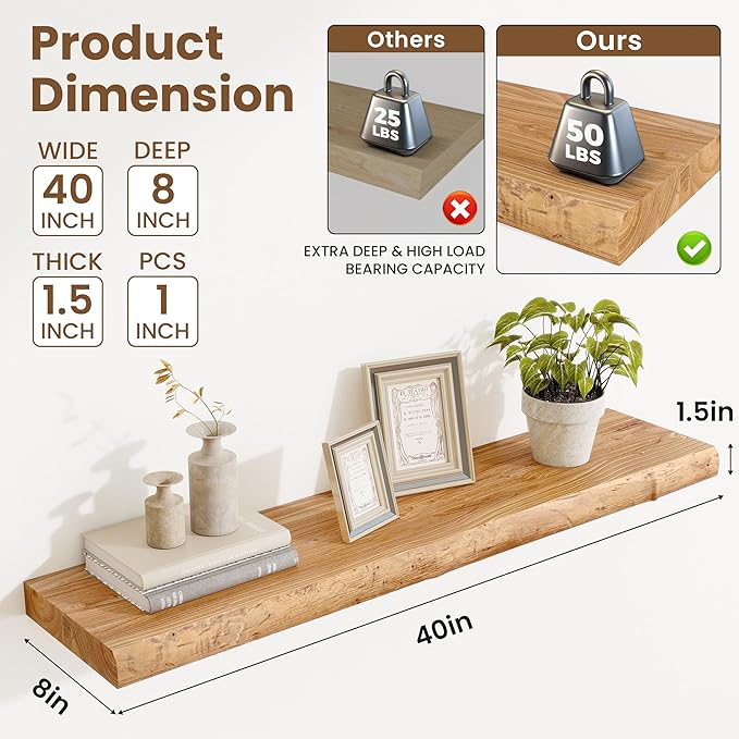 Floating Shelves, 8" Deep Rustic Solid Wood Wall Mounted Floating Shelves, Wall Shelves with Invisible Bracket for Living Room Bathroom Bedroom Kitchen, 40 Inch, Natural