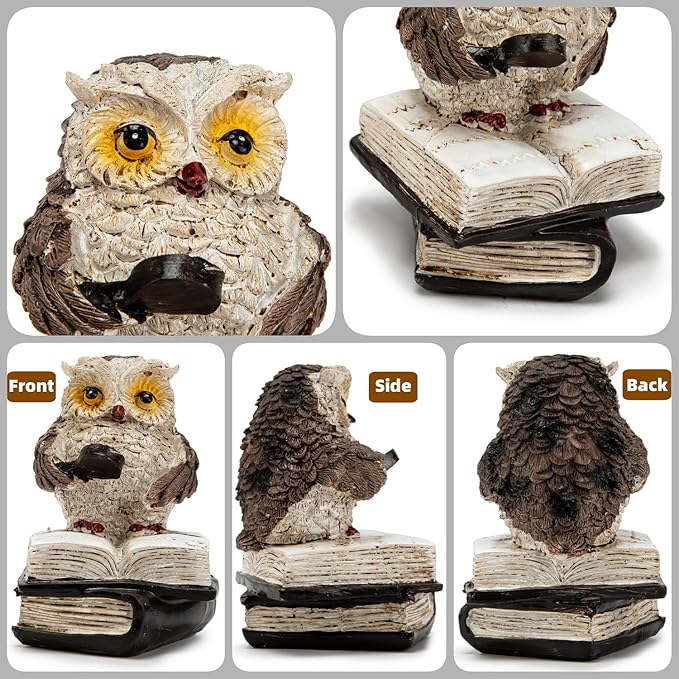 Adorable Reading Owl Statue, 2 Wise Owl Thinker Sculptures Home Decor Accents, Retro Animal Decor Owl Figurines for Living Room Bedroom Office TV Stand Tabletop Shelf Mantel, Gift for Men Birds Lover
