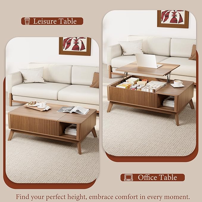 Lift Top Coffee Table with Storage Hidden Compartment, 40" Mid - Century Modern Wooden Living Room Center Table, Adjustable Height Desk for Laptop, Multifunctional Sofa Side Table，Walnut