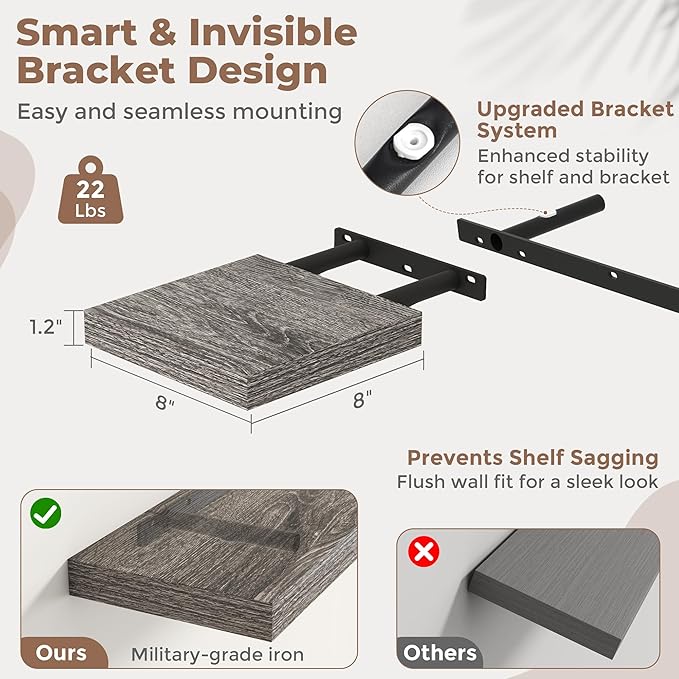 8 Inch Square Floating Shelves for Wall 3 Pack, 8"D Wood Grain Bathroom Shelves with Invisible Brackets, Easy Install Engineered Wood Storage Shelves for Kitchen, Living Room, Bedroom, Grey Oak Finish