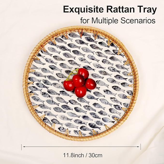 Round Rattan Tray with Mother of Pearl Inlay, Rattan Serving Tray for Coffee, Bread, Fruits, Decorative Wicker Tray for Table Decor, Home Decor, Kitchen Island Decor (Dark Blue Fish, 11.8")