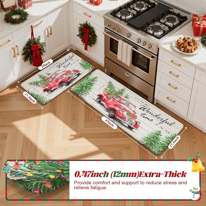 Christmas Truck Xmas Tree Kitchen Mat 2PCS, Cushioned Anti-Fatigue Non Skid Waterproof Kitchen Mats for Floor, Comfort Standing Mat Winter Decor for Office Desk Laundry, 17"x30"+17"x47"