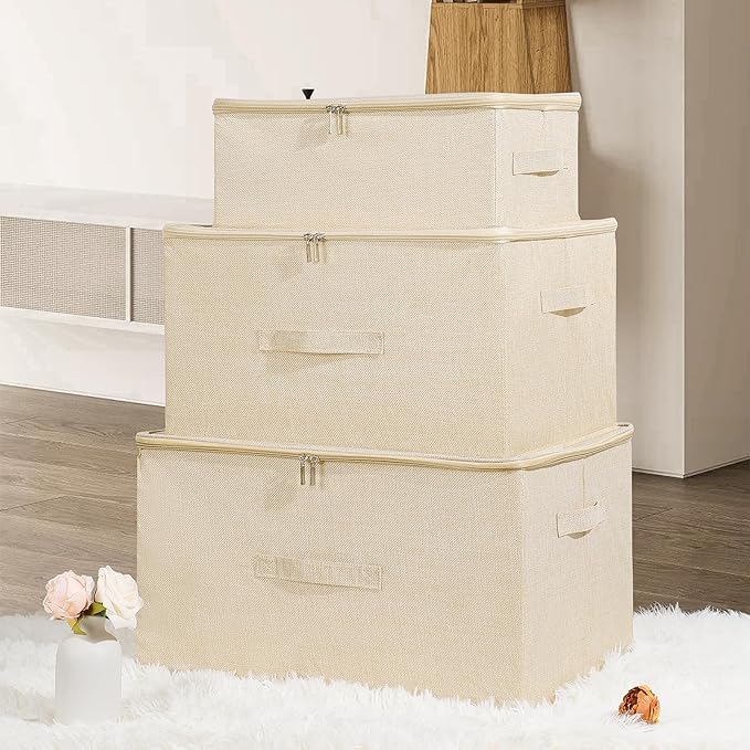ANMINY 3PCS Storage Bins with Zipper Lids 51.9 Qt Lidded Fabric Storage Boxes Baskets Cubes with Handles Collapsible Washable Cotton Linen Closet Shelf Clothes Organizer - Beige, Extra Large