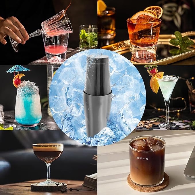 Boston Cocktail Shaker Bar Set, Weighted Boston Shaker Tins, Bartender Kit with 18oz & 28oz Mixed Drink Shaker, Hawthorne Strainer, Double Measuring Jigger - Black