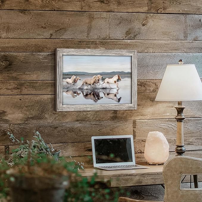 Horse Wood Wall Art Rustic: Wild Animal Galloping Framed Picture Decor Bedroom Horses Western Painting Print Wildlife Artwork for Living Room Home Bathroom