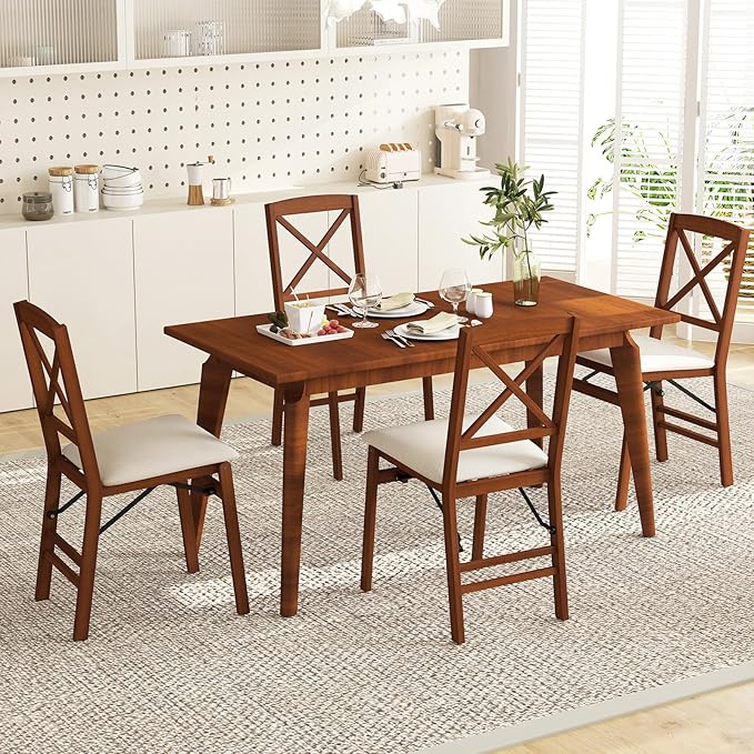 COSTWAY Folding Dining Chairs Set of 4, Upholstered Wooden Dining Room Chairs with X-Shaped Back, 400LBS Capacity and Solid Wood Frame for Kitchen Apartment (Brown & Beige)