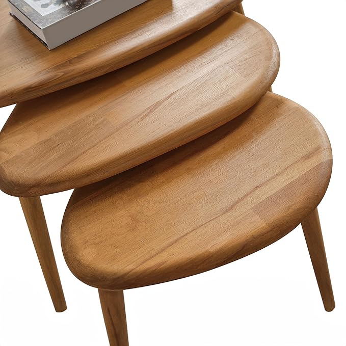 Solid Wood Nesting Coffee Table Set of 3 - Mid Century Modern Pebble Tables with Tapered Legs – Wooden Home Furniture in a Retro Style (Oak)