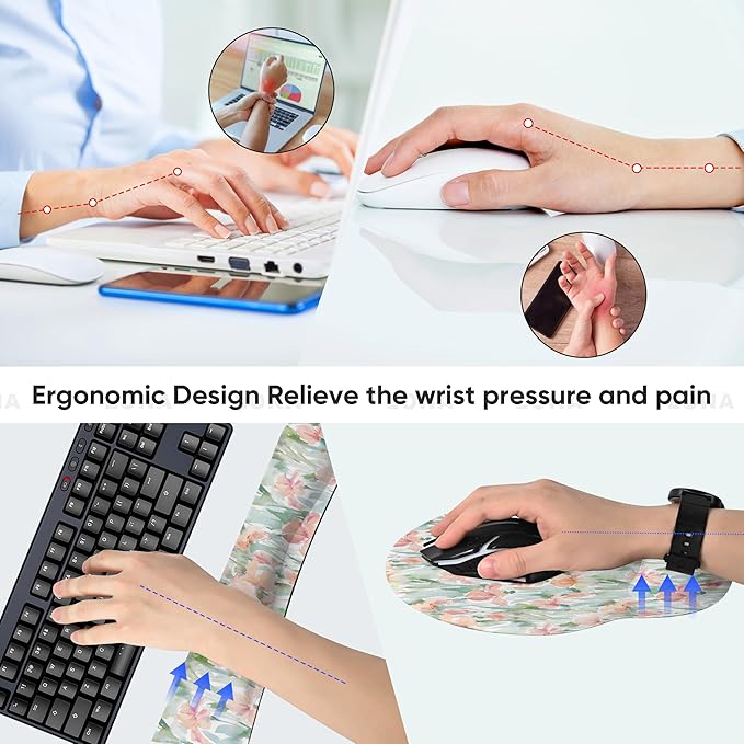 Ergonomic Keyboard Mouse Pad Wrist Rest Support Set for Laptop/Computer/Desktop,Memory Foam Hand Rest Wrist Cushion for Gaming/Office,Lightweight Comfortable & Pain Relief (Watercolor Flowers)