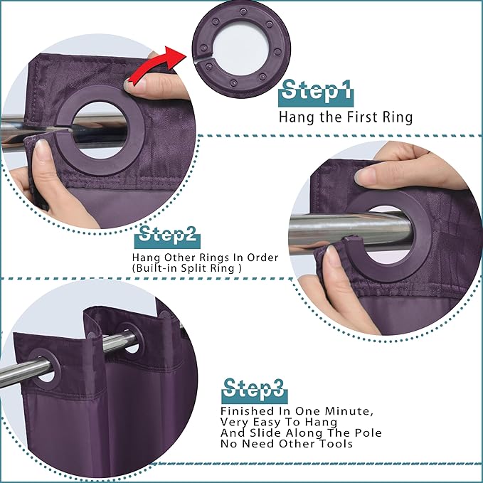 Conbo Mio Stall No Hook Shower Curtain with Snap in Liner Set, Hotel Luxury Purple Shower Curtains for Bathroom with See Through Top Window, Waterproof, Washable 36W x 74H