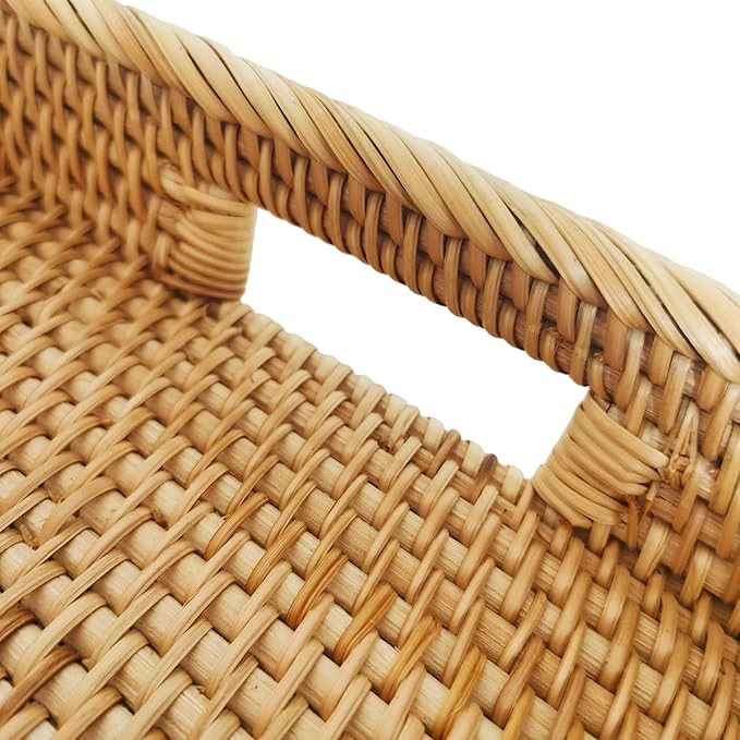 i-lan 17Inch Large Rectangle Rattan Serving Tray with Handles-Natural Wicker Breakfast Coffee Drinks Serving Platter,Kitchen Tabletop Decorative Serving Tray for Fruit,Vegetables and Snacks