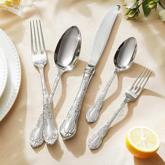 KINGSTONE Vintage Carved Silverware Set, 40-Piece 18/10 Stainless Steel Flatware Cutlery Set with Retro Royal Thick Handle, Tableware Utensils for Home, Restaurant, party, Wedding, Dishwasher Safe