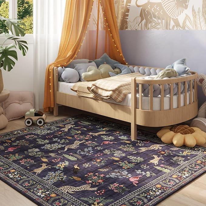 Rugcomf Living Room Rug 5x7 Rug Machine Washable Boho Area Rug Non Slip Floral Animal Vintage Low Pile Large Rugs for Living Room, Bedroom, Farmhouse, Dining Room, Kids Playroom (Blue)