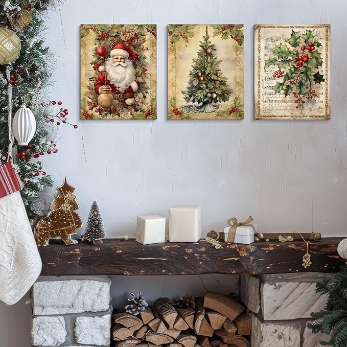 DSHFG Vintage Christmas Wall Art Xmas Decor, Santa Claus Decor Retro Christmas Tree Canvas Wall Art for Home Bedroom Living Room Office, Housewarming Gifts for Women, 14x11 Inch Framed