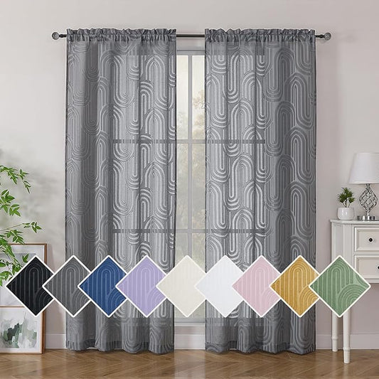 Simplebrand Sheer Charcoal Grey Curtains 72 Inches Long 2 Panels for Window, Geometric Mid Century Light Filtering Semi Sheer Curtains for Front Back Patio Glass Door with Rod Pocket, 42" Wx72 L