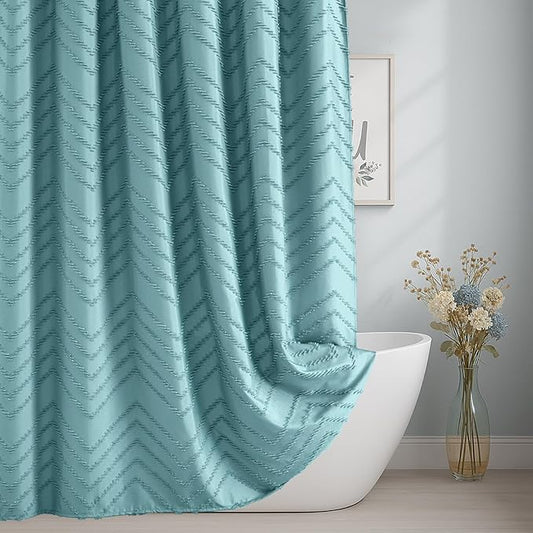 78inches Long Teal Shower Curtain Boho Farmhouse Shower Curtain 72 x 78 Tufted Chevron Textured Minimalist Shower Curtains for Bathroom