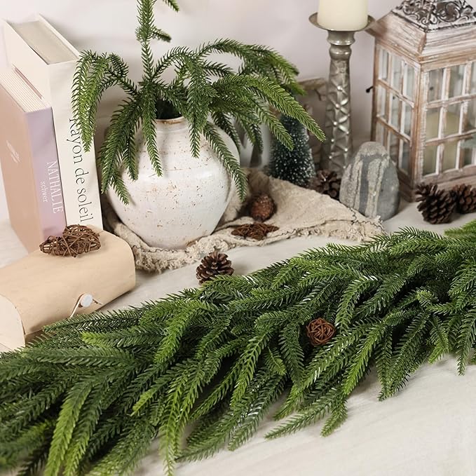 Christmas Norfolk Pine Garlands - 16ft Artificial Garland Faux Green Fake Pine Needles Garland for Fireplace,Table,Window,Stairs,Mante,Holiday Indoor Outdoor Xmas Decor(1PCS)