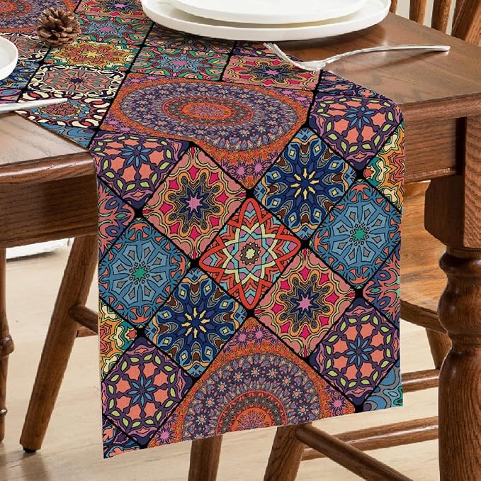 Boho Bohemian Table Runner 90 Inches Long, Vintage Seasonal Table Runners for Party Kitchen Dining Coffee Table Bedroom Indoor Outdoor, Machine Washable and Handmade (Bohemian A, 13” x 90”)