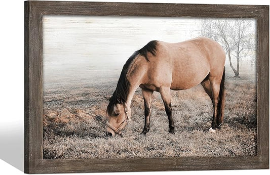 Horse Wall Art Picture Decor: Framed Wild Horse Wooden Print Wildlife Animal on Meadow Painting Western Country Artwork for Bedroom Living Room Home 36 x 24 Inches