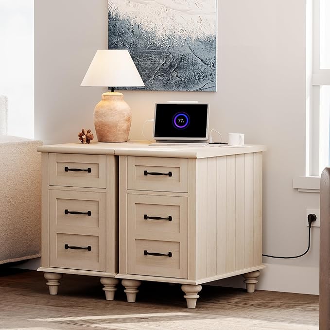 WAMPAT 2 Pack End Tables with Charging Station, Farmhouse Narrow Side Table with Drawer & Storage Cabinet, Beige Nightstand with Power Outlets & USB Ports for Living Room, Bedroom