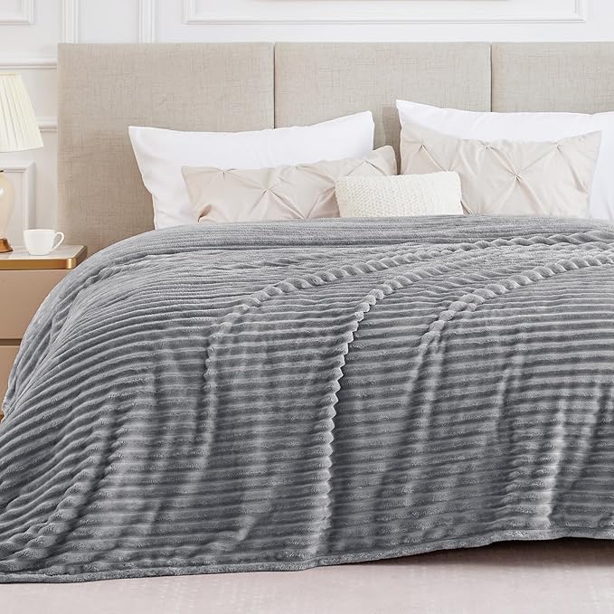 BEDELITE Blankets Queen Size for Bed, 300GSM Soft & Warm Fleece Blanket, Decorative and Giftable Striped Grey Blankets for Women, Men, 90"x90"