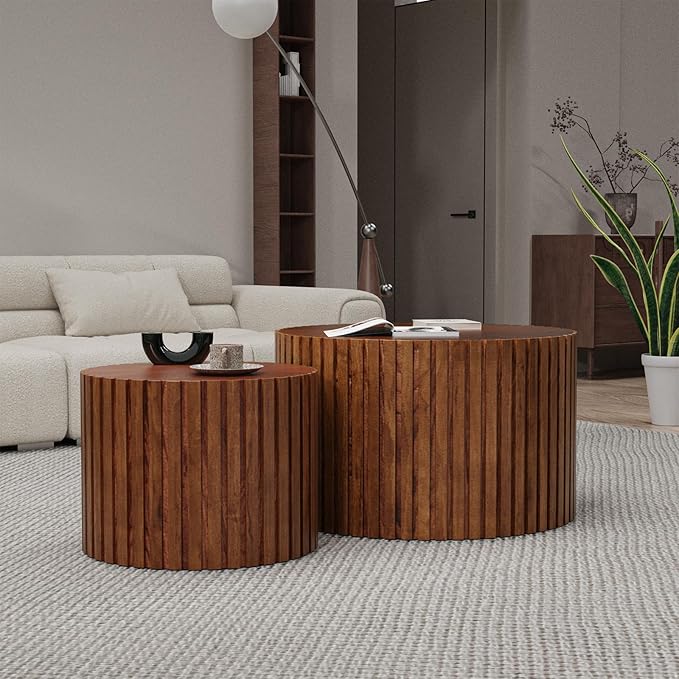 Nesting Coffee Tables Set of 2 Wooden Round Coffee Table Circle Nesting Table Space-Saving Design Modern Coffee Table Round Accent Tables Set for Living Room Bedroom Office (Brown B D27.5+D19.7“)