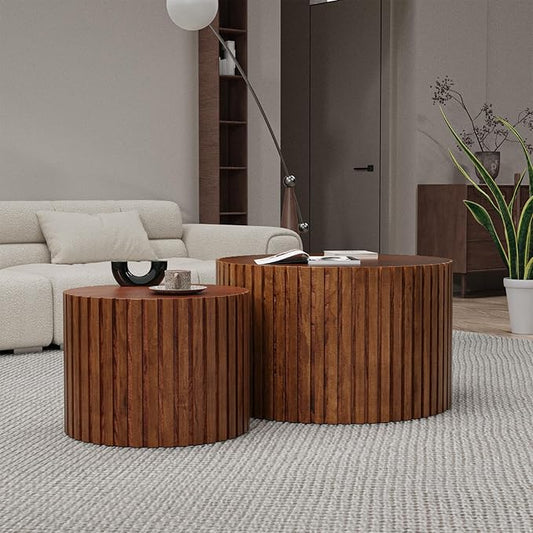 Nesting Coffee Tables Set of 2 Wooden Round Coffee Table Circle Nesting Table Space-Saving Design Modern Coffee Table Round Accent Tables Set for Living Room Bedroom Office (Brown B D27.5+D19.7“)