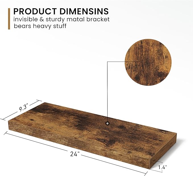 Fun Memories Floating Shelves - 2 Pack 9.3 Inch Deep Rustic Wooden Wall Shelves - Wall Mounted Storage Shelf with Invisible Brackets, 24" W x 9.3" D x 1.6" H - Rustic Brown