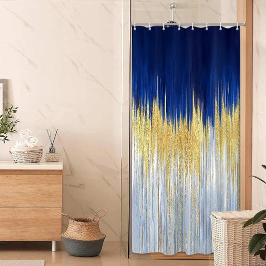 JAWO Abstract Blue Shower Curtain, Gold Blue Boho Ombre Minimalist Chic Art Shower Curtains, Modern Neutral Contemporary Striped Brush Strokes Tan Art Waterproof Bathroom Curtain with 12 Hooks