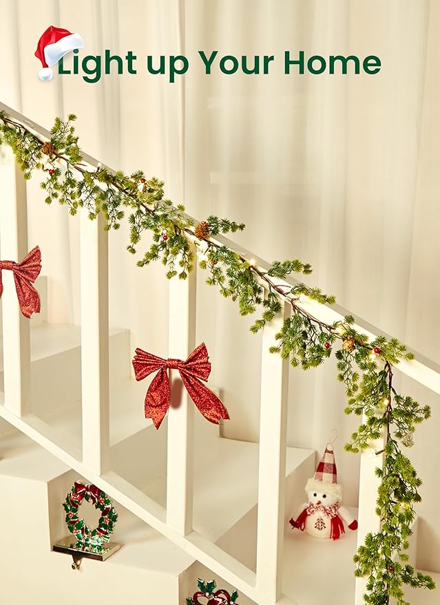 Brightown Christmas Garland with Lights, Battery Operated, 6 Ft 20 LED Lighted Pine Leaves Garland Decorated with Pine Cones, Berry, Indoor & Outdoor Christmas Lights for Mantle Stairs Wall, 2 Pack