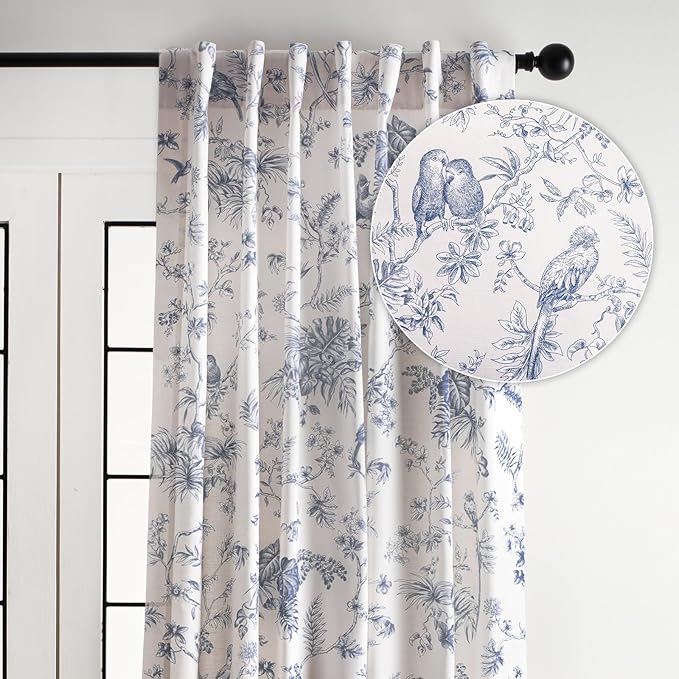 Maison d' Hermine Curtains for Living Room 100% Cotton 96 inch Length One Panel Light Filtering Toile Curtains for Bedroom Windows with Rod and Loop Pockets Drapes (Jouy Paradise Blue, 50" W x 96" L)