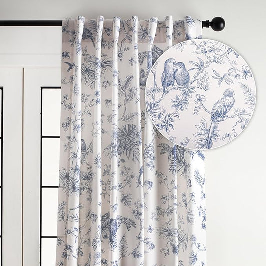 Maison d' Hermine Curtains for Living Room 100% Cotton 96 inch Length One Panel Light Filtering Toile Curtains for Bedroom Windows with Rod and Loop Pockets Drapes (Jouy Paradise Blue, 50" W x 96" L)