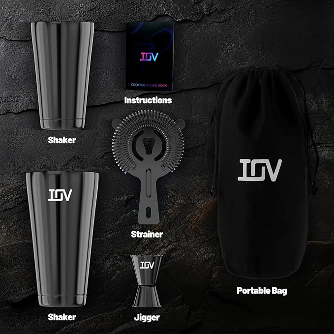 IOV Boston Cocktail Shaker Bar Set, Bartender Kit Drink Mixer Set with 18 oz & 28 oz Boston Shakers, Hawthorne Strainer, Double Jigger, Bar Tool Kit and Recipe Booklet - Black