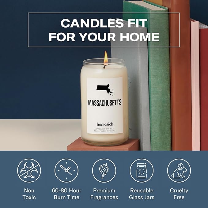 Homesick Scented Candles for Home (Massachusetts) - 13.75 oz Long-Lasting Soy Wax Jar Candle for Women & Men for All Occasions, 60-80 Hours Burn Time - Notes of Coffee & Apple Cider