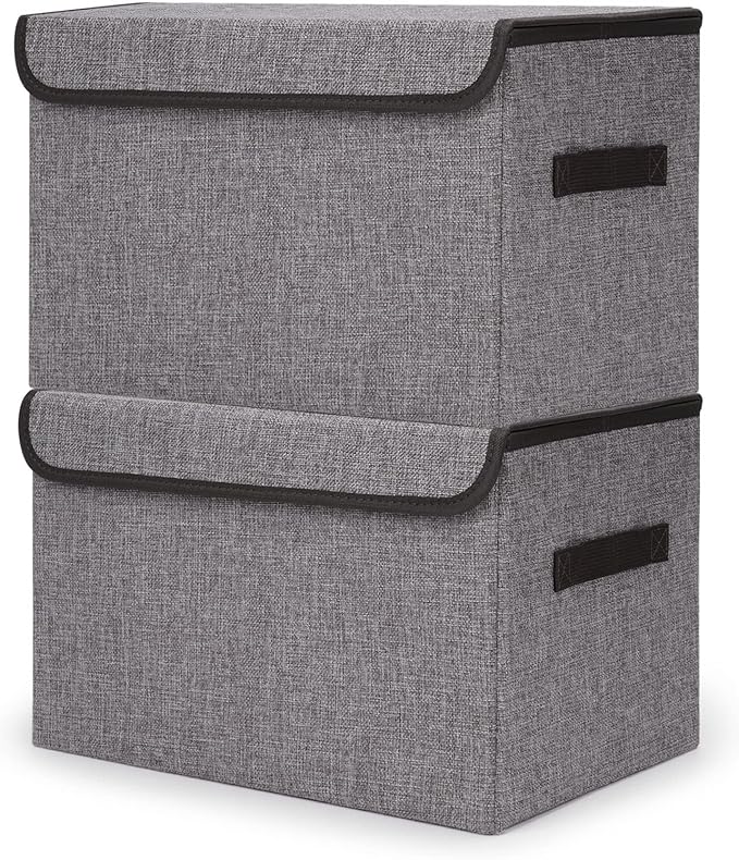 Large 42 Quarts Fabric Storage Bins with Lids [2-Pack] Linen Collapsible Foldable Storage Cubes, Closet Organizer Containers boxes with Handles for Home Office (16.7 x 12 x 12, Gray)