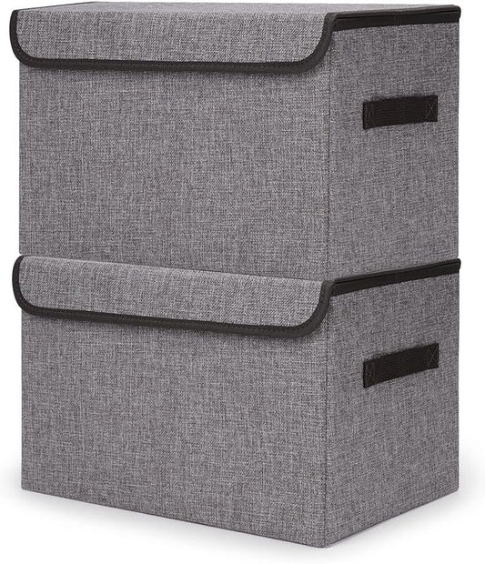 Large 42 Quarts Fabric Storage Bins with Lids [2-Pack] Linen Collapsible Foldable Storage Cubes, Closet Organizer Containers boxes with Handles for Home Office (16.7 x 12 x 12, Gray)