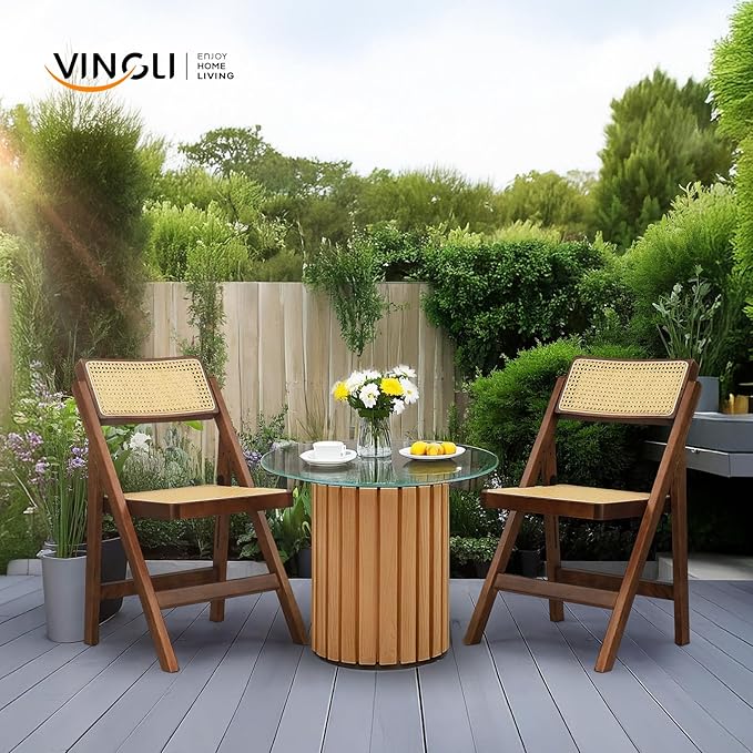 VINGLI 4 Pack Rattan Dining Chair, Wood Folding Chair with 360° Swivel Backrest, Rubberwood Frame and Rattan Woven Seat and Back, Walnut, Set of 4