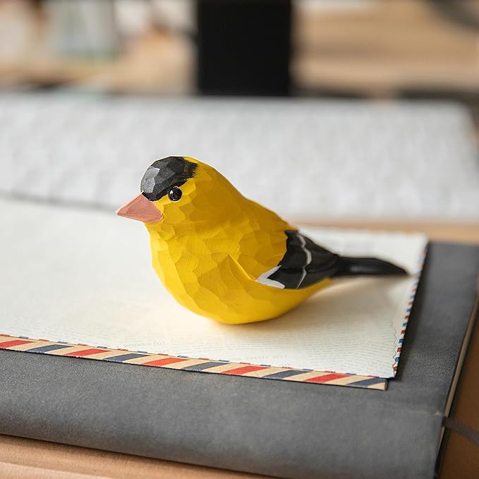 Handmade Wooden Goldfinch Figurine – Yellowbird Home Decor, Cute Wild Canary Knick-Knack for Bird Lovers, Unique Gift for Women, Mom, Friends – Rustic Nature Home Ornament