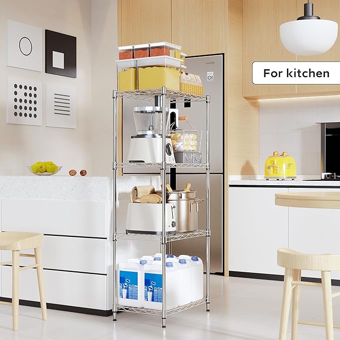 4 Tiers Shelf Metal Storage Shelves Wire Rack Closet Organizers with Wheel for Garage Kitchen Bathroom Laundry Chrome 11.8" D x 17.7" W x 41.9" H