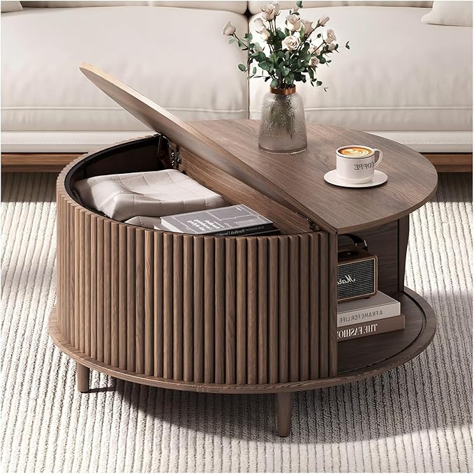 Round Coffee Table with Storage, 31.5" Center Table with Sliding Door,Fluted Small Coffee Table for Living Room,Walnut