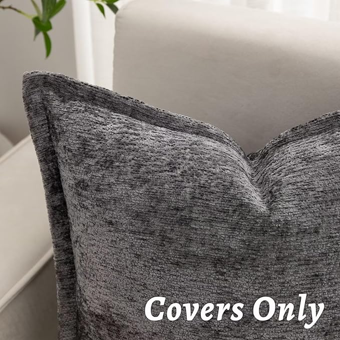 Grey Decorative Throw Pillow Covers 22x22 Inch Set of 2 Cozy Soild Chenille Cushion Cases Soft Textured Square Couch Pillows Cover Boho Accent Farmhouse Pillowcases for Sofa Bed