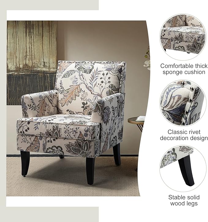 HULALA HOME Modern Accent Chairs Set of 2, Farmhouse High Back Floral Chairs with Wooden Legs & Nail Head Trim, Comfy Upholstered Armchairs for Living Room/Bedroom (Orange Grey Floral)