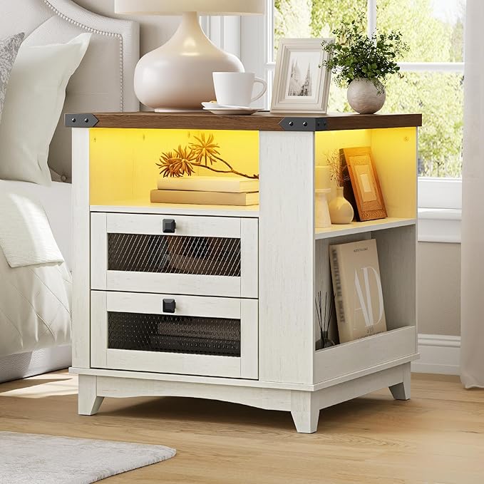 Farmhouse End Table with Charging Station, 24''Large Sofa Side Table with LED Light and 2 Drawers, Square Nightstand with Side Shelves, for Bedroom, Living Room, Office, White and Walnut