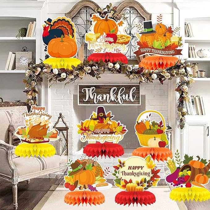 9Pcs Thanksgiving Centerpiece Fall Centerpiece Table Decorations Pumpkin Turkey Honeycomb Thanksgiving Table Centerpiece for Thanksgiving Table Decoration Autumn Theme Birthday Party Supplies