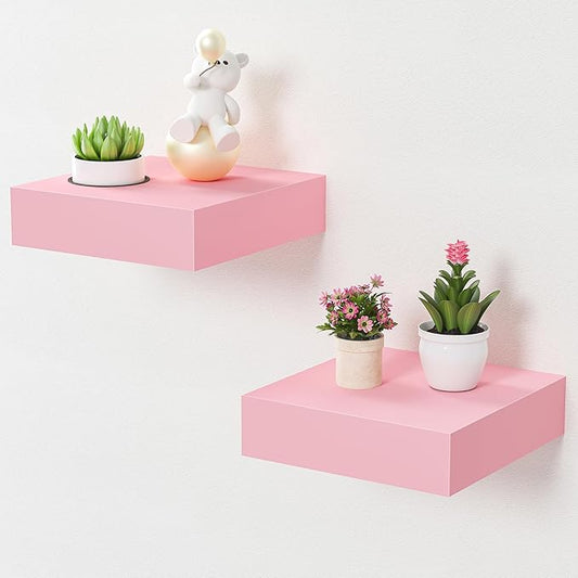 BAMEOS Pink Floating Shelves for Wall, 6" x 6" Wall Shelves for Room, Floating Book Shelves, Hanging Shelves for Bedroom, Bedroom, Living Room, Kitchen (Set of 2)